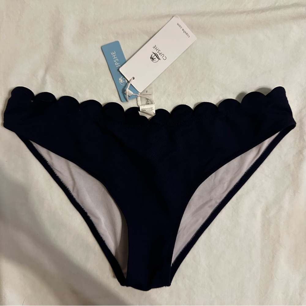 Cupshe Women’s NWT Bikini Bottom Navy Blue Size L Scalloped Edge Textured